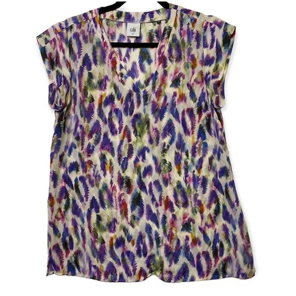 Cabi Plume Purple Feather Print V-neck 5027 Top Size Small - Picture 1 of 6